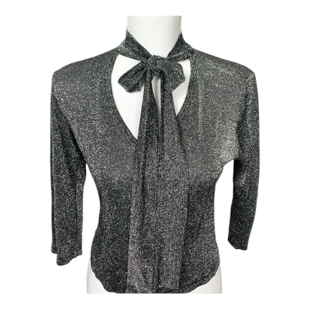 Heavenly VINTAGE Black & Silver Metallic Neck Tie 3/4 Sleeve Stretchy Top Small - Picture 4 of 7